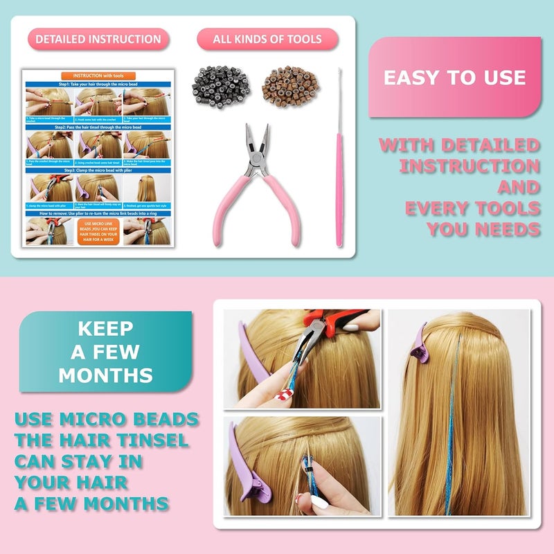 Fiwecos Silver Hair Tinsel Kit 48 Inches 1200 Strands with Tools and Instruction Easy to Install Fairy Glitter Tinsel Hair Extensions for Women and Girls，Shinny Sparkling Braiding Hair Accessories for Halloween Cosplay Party - Image 5